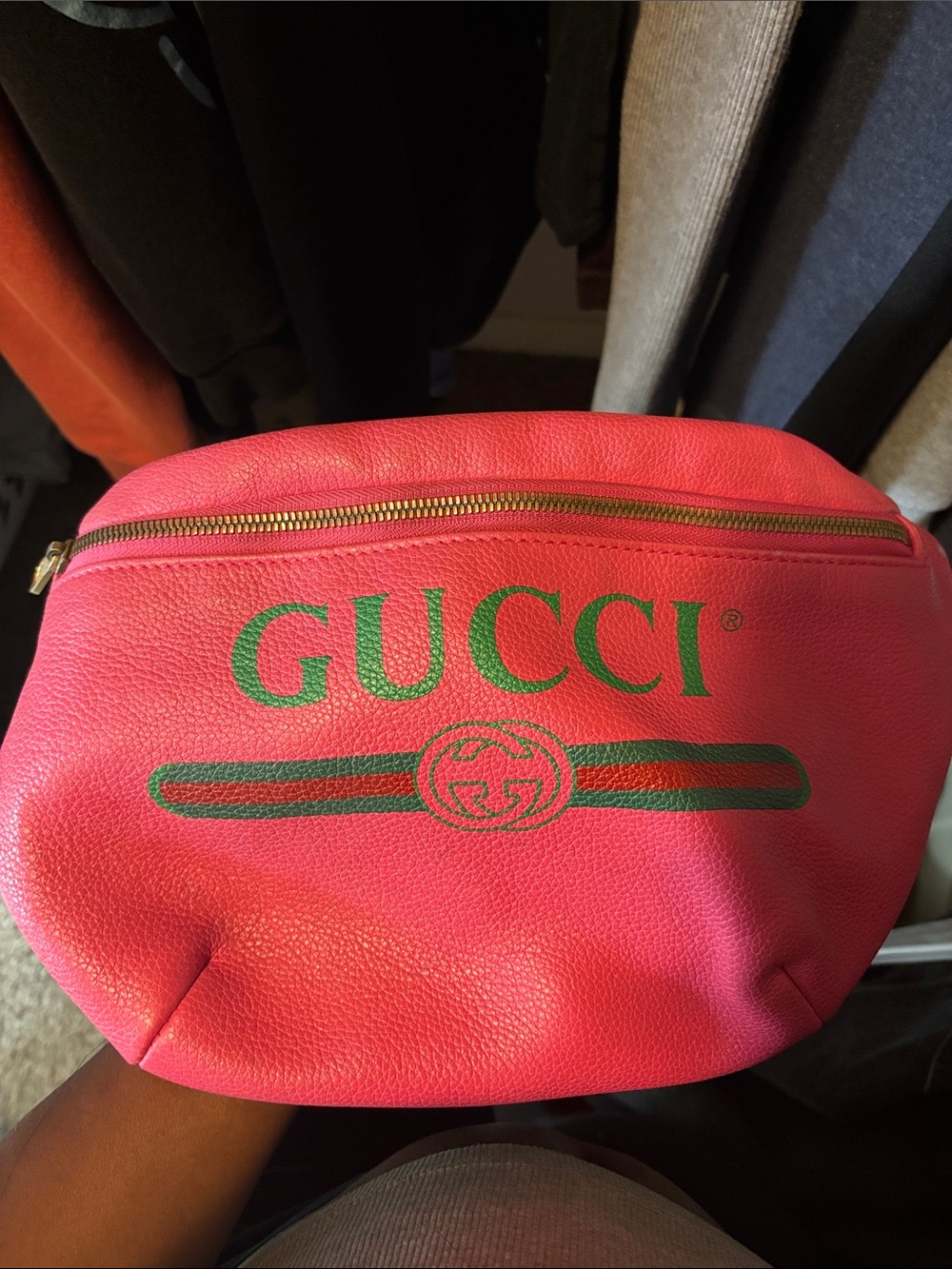 GUCCI Pink Cosmetic Belt Bag with Green Logo Print